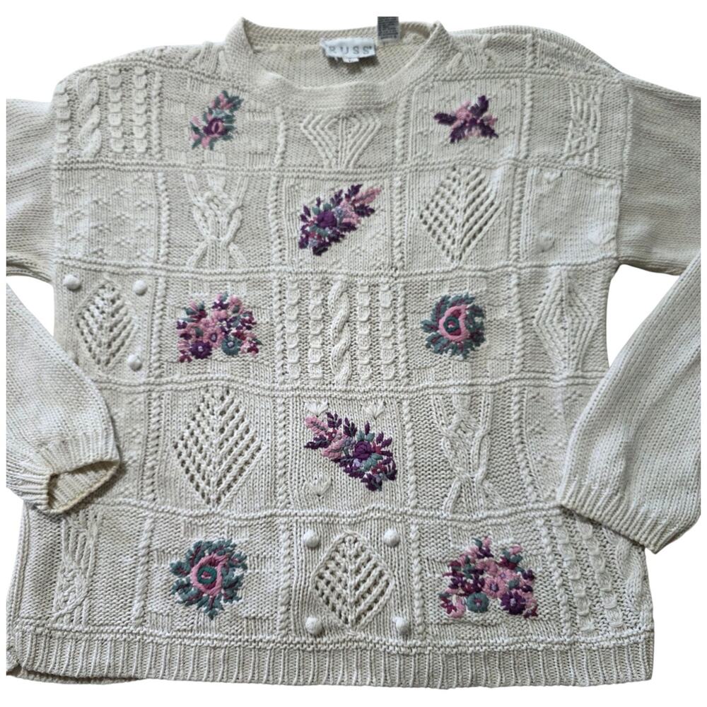 Vintage RUSS Womens L Sweater Floral Embroidered Cable Knit Cottagecore Ramie